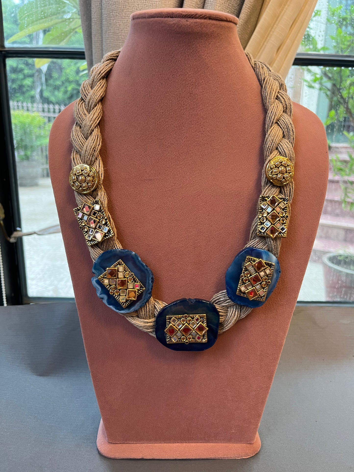 Blue aiget jute necklace